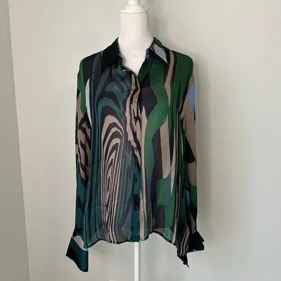Feraud black, green, blue & purple button down silk top size 44 - Picture 2 of 11